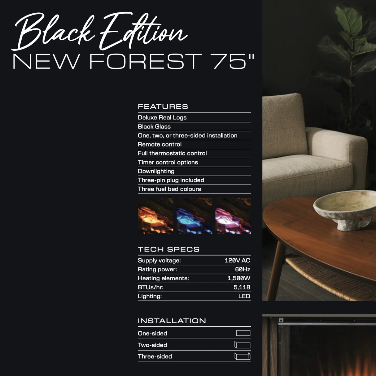 New Forest 75" Electric Fireplace | Black Edition