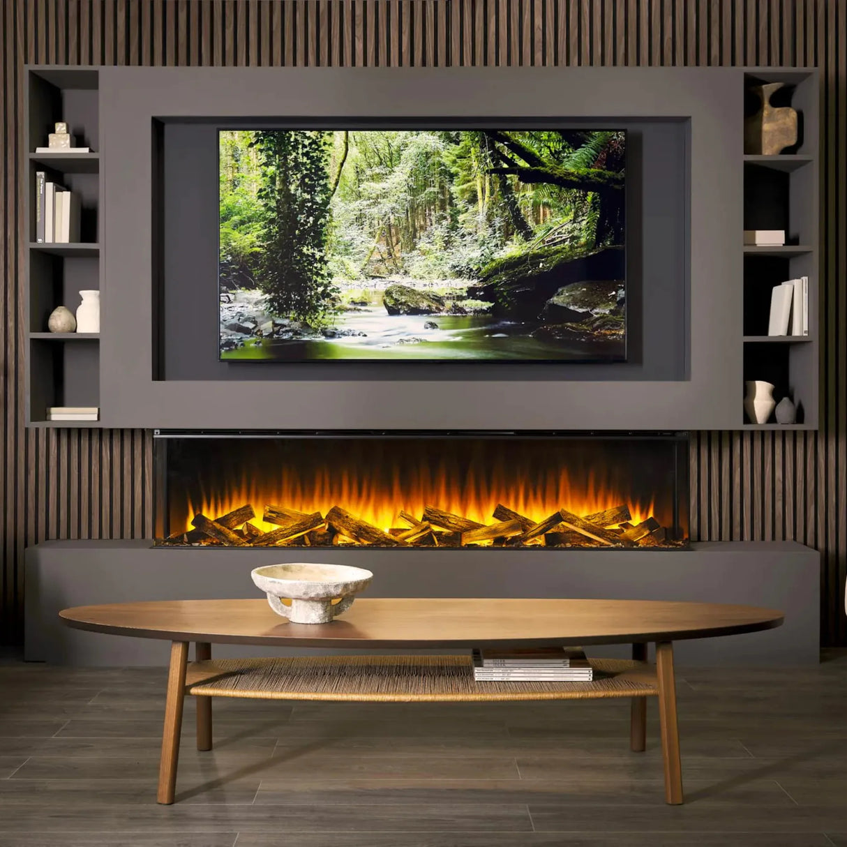 75" New Forest Electric Fireplace | Black Edition Fitted With Deluxe Real Logs