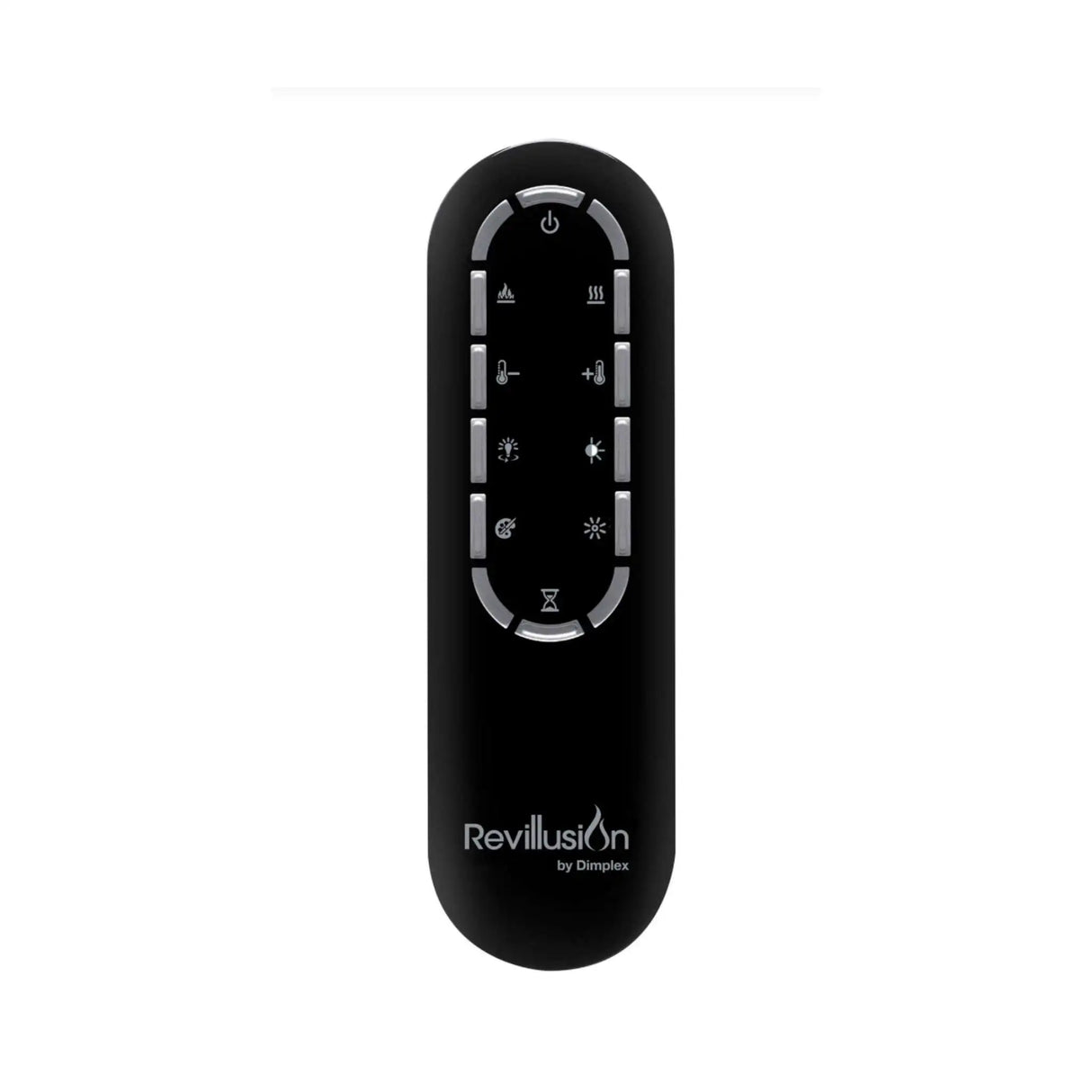 Black remote control with Revillusion logo on a white background