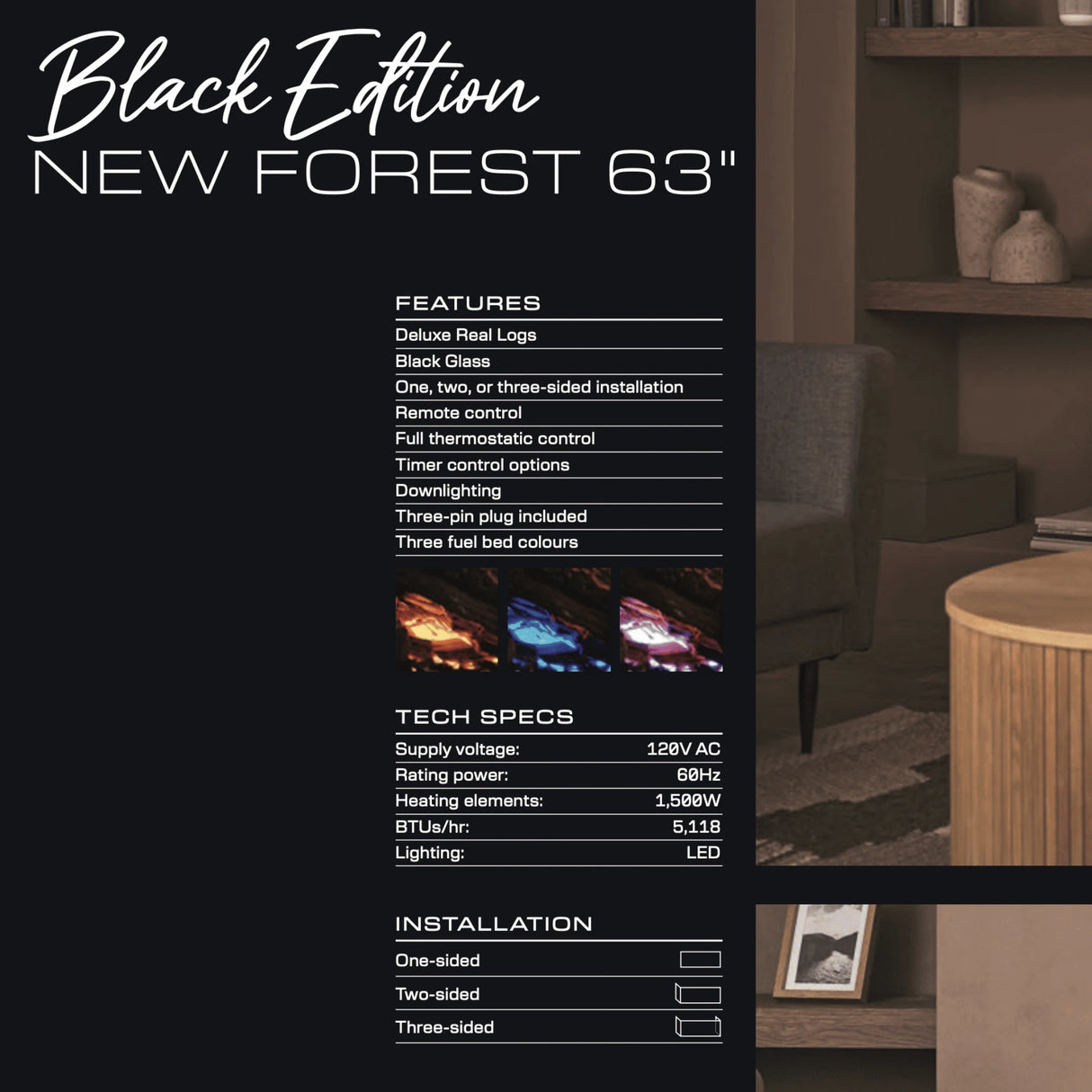 63" New Forest Electric Fireplace | Black Edition Fitted With Deluxe Real Logs